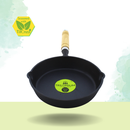 Trilonium Cast Iron Wooden handle Skillet 20 cms | Pre-Seasoned with TilCrust™ | Weighs 1.2 Kgs | Induction Compatible