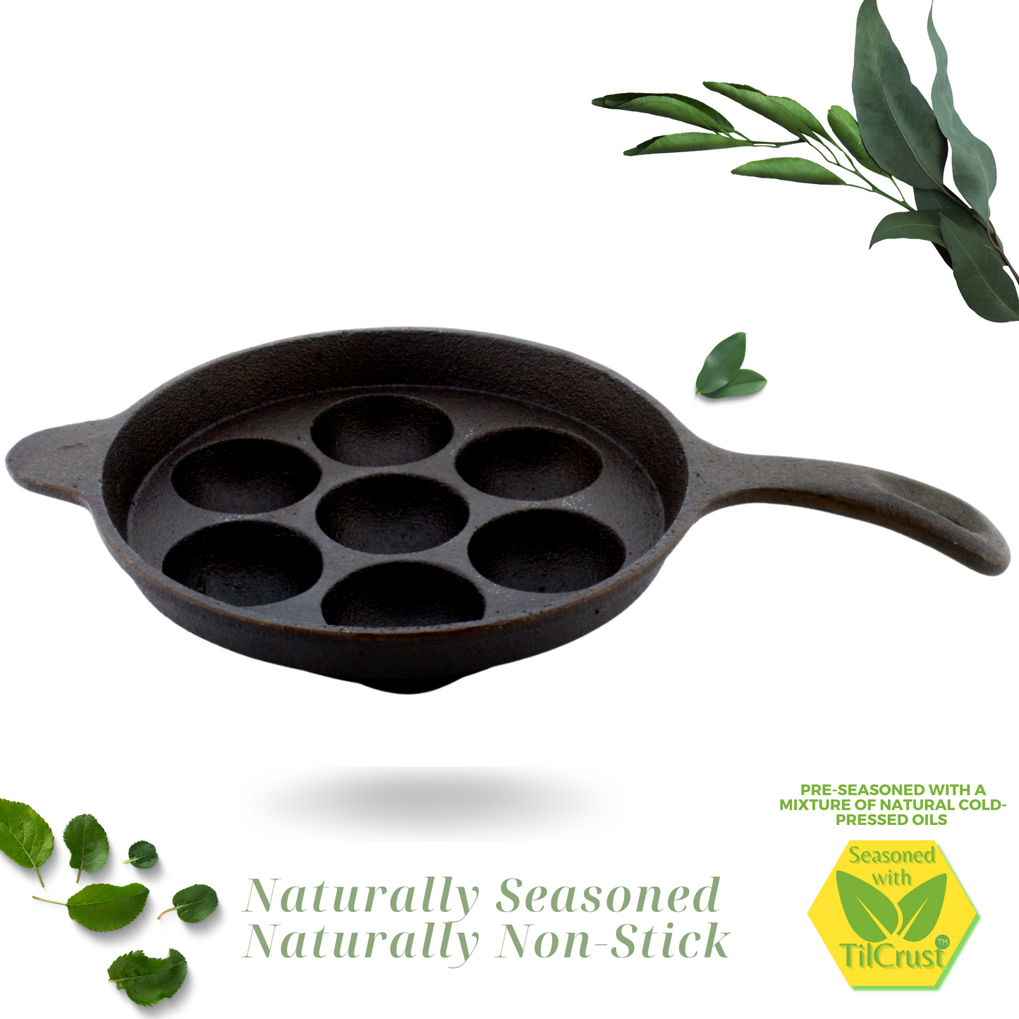 Cast Iron Paniyarakkal | Paniyaram Pan 7 Pits | Pre-Seasoned | 7.6 Inches | 2 Kgs | Long Handle