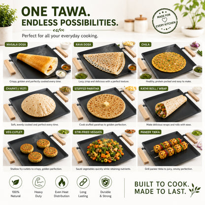 Trilonium Tejas Triple Seasoned Iron Tawa Square – 30x30 cm, Weighs 3.8 Kgs | Toxin-Free, Lifetime Warranty