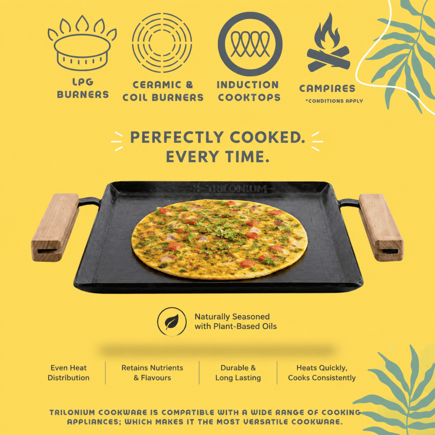 Trilonium Tejas Triple Seasoned Iron Tawa Square – 28x28 cm, Weighs 3.5 Kgs | Toxin-Free, Lifetime Warranty