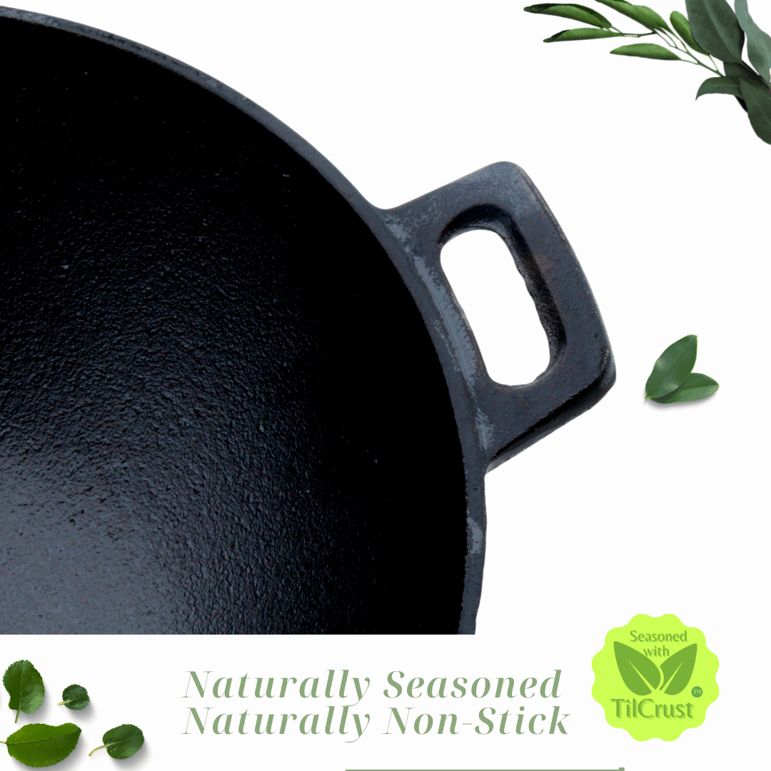 Cast Iron Kadai | Sleek Pre-Seasoned | Sleek | 24 cms | 2 Kgs | With Lid | Induction Compatible