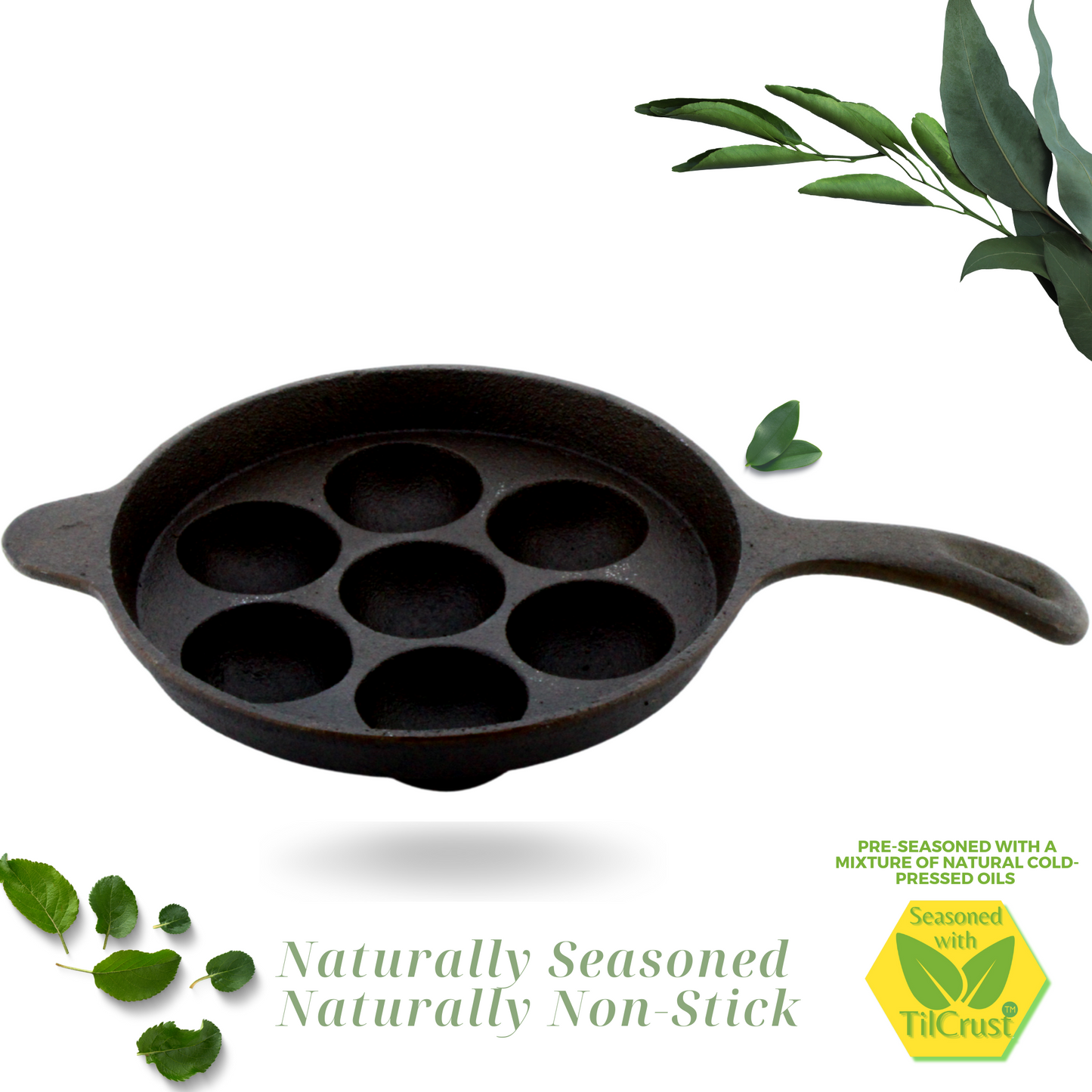 Cast Iron Paniyarakkal | Paniyaram Pan 7 Pits | Pre-Seasoned | 7.6 Inches | 2 Kgs | Long Handle