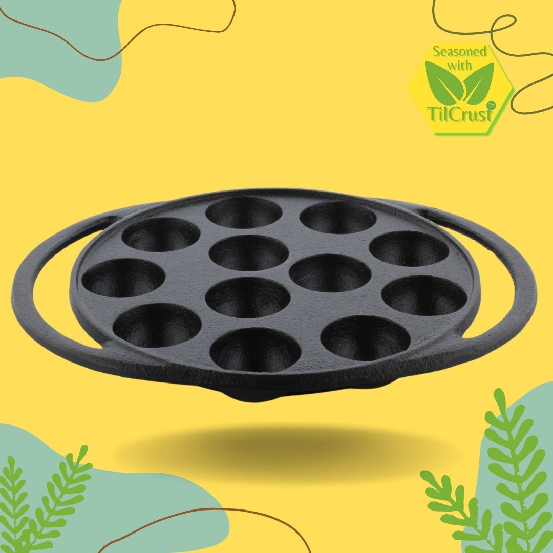 Trilonium Triple Seasoned Cast Iron Paddu | Paniyarakkal | Paniyaram Pan 12 Pits with Lid | 2 Kgs