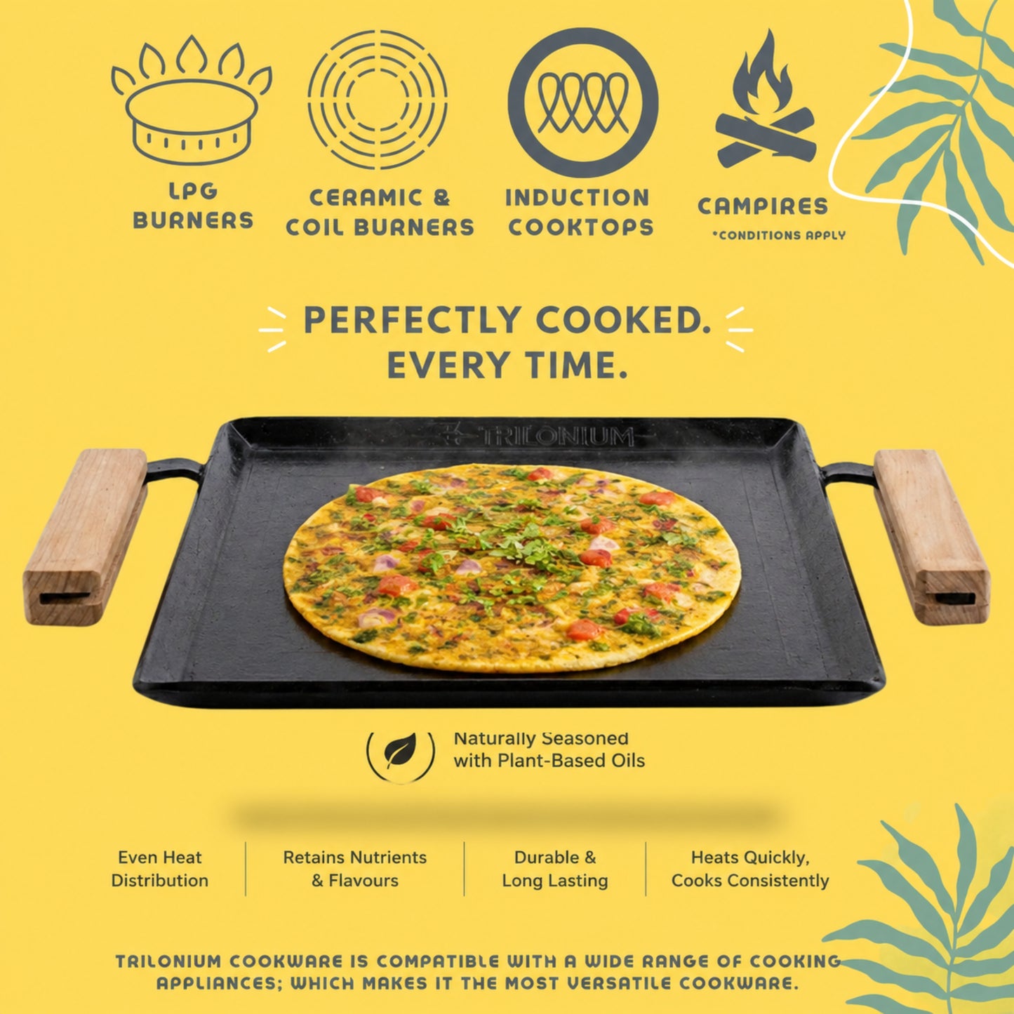 Trilonium Tejas Triple Seasoned Iron Tawa Square – 30x30 cm, Weighs 3.8 Kgs | Toxin-Free, Lifetime Warranty