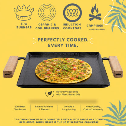 Trilonium Tejas Triple Seasoned Iron Tawa Square – 30x30 cm, Weighs 3.8 Kgs | Toxin-Free, Lifetime Warranty