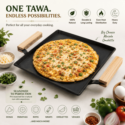 Trilonium Tejas Triple Seasoned Iron Tawa Square – 28x28 cm, Weighs 3.5 Kgs | Toxin-Free, Lifetime Warranty