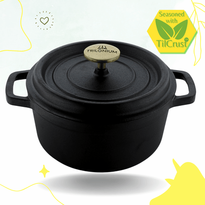 Trilonium Pre-Seasoned Cast Iron Dutch Oven Pot, Casserole, Biryani Pot, Cooking Pot, 22cm, 3 Litres, 3.7 Kgs