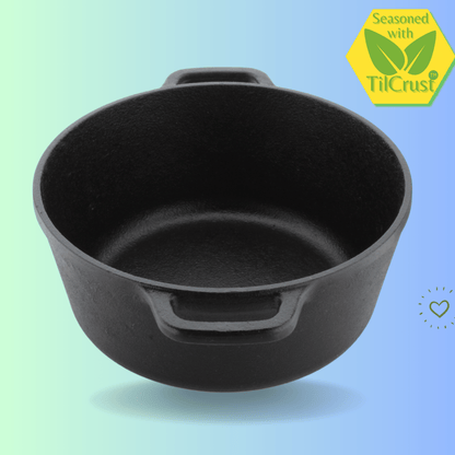 Trilonium Pre-Seasoned Cast Iron Dutch Pot, Casserole, Biryani Pot, Cooking Pot with Glass lid, 24cm, 3.5 Litres, 3.7 Kgs