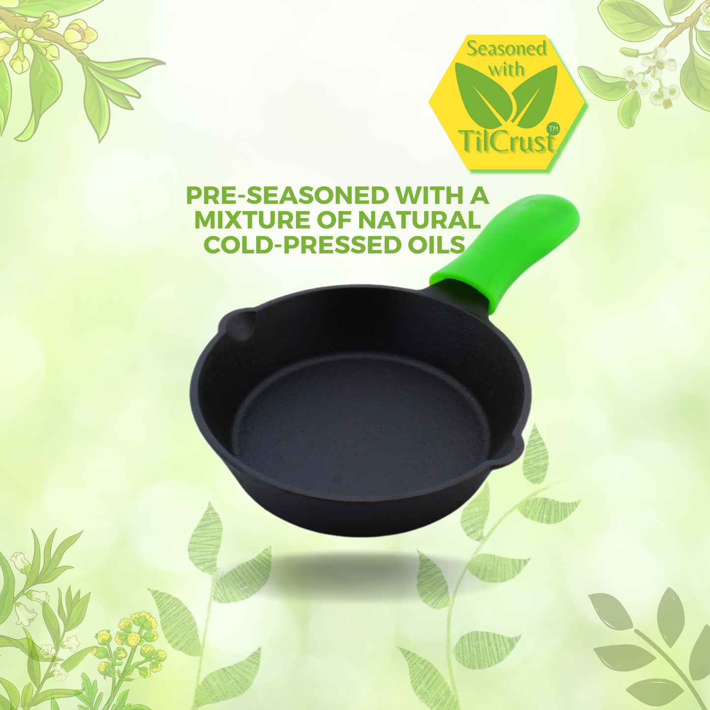 Cast Iron Skillet | Fry Pan | Pre-Seasoned | 8 inches | 1.45 Kgs | Induction Compatible | Free Silicone Heat Proof Sleeve Grip for hot handles