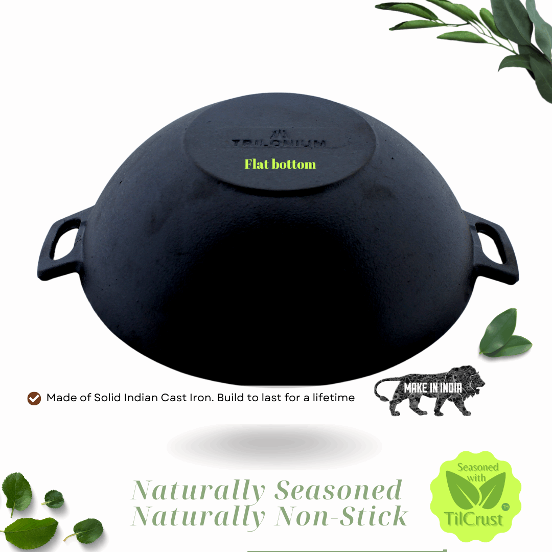 Cast Iron Kadai | Sleek Pre-Seasoned | Sleek | 24 cms | 2 Kgs | With Lid | Induction Compatible