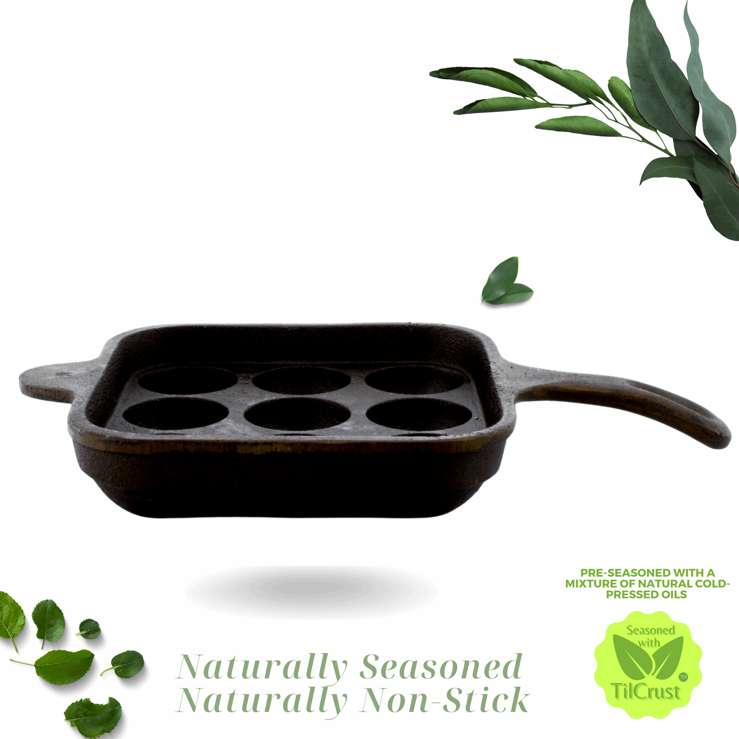 Cast Iron Paniyarakkal | Paniyaram Pan 9 Pits | Pre-Seasoned | 17cm | 2.48 Kgs | Long Handle | Square