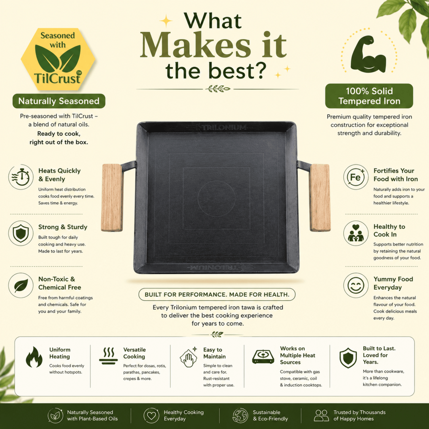 Trilonium Tejas Triple Seasoned Iron Tawa Square – 28x28 cm, Weighs 3.5 Kgs | Toxin-Free, Lifetime Warranty