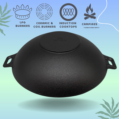 Cast Iron Kadai | Sleek Pre-Seasoned | Capacity 3.5Litres | Diameter 30cm / 12 inches | 2.8 Kgs | Induction Compatible