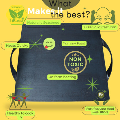 Trilonium Triple-Seasoned Iron Boulder Square Griddle Dosa Tawa 38 x 38 cms , Ultra Smooth, Weighs 9.5 Kgs