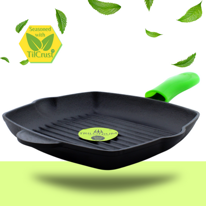 Trilonium Cast Iron Grill Pan 26 cm | Pre-Seasoned with TilCrust™ | Weighs 2.4 Kgs | Induction Compatible