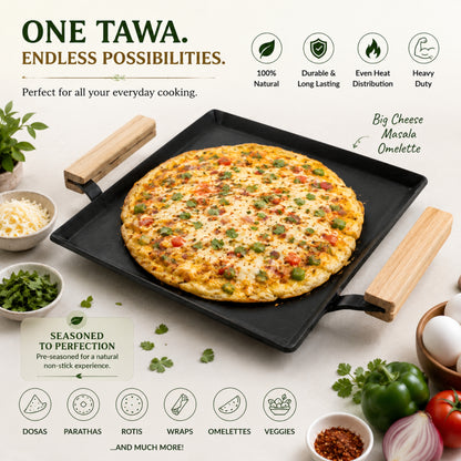 Trilonium Tejas Triple Seasoned Iron Tawa Square – 30x30 cm, Weighs 3.8 Kgs | Toxin-Free, Lifetime Warranty
