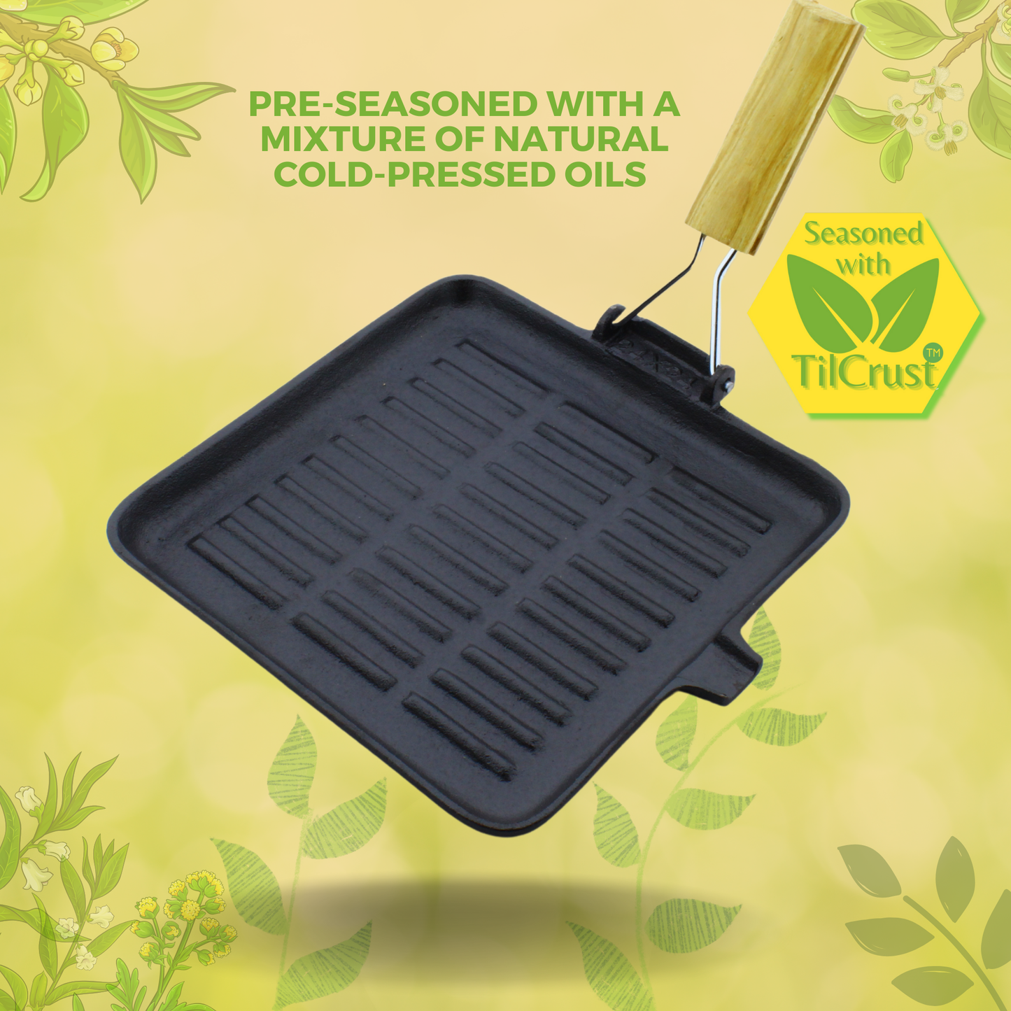 Trilonium Pre-Seasoned Cast Iron Square Grill Pan with Foldable Handle, 24cm, 1.6 Kgs