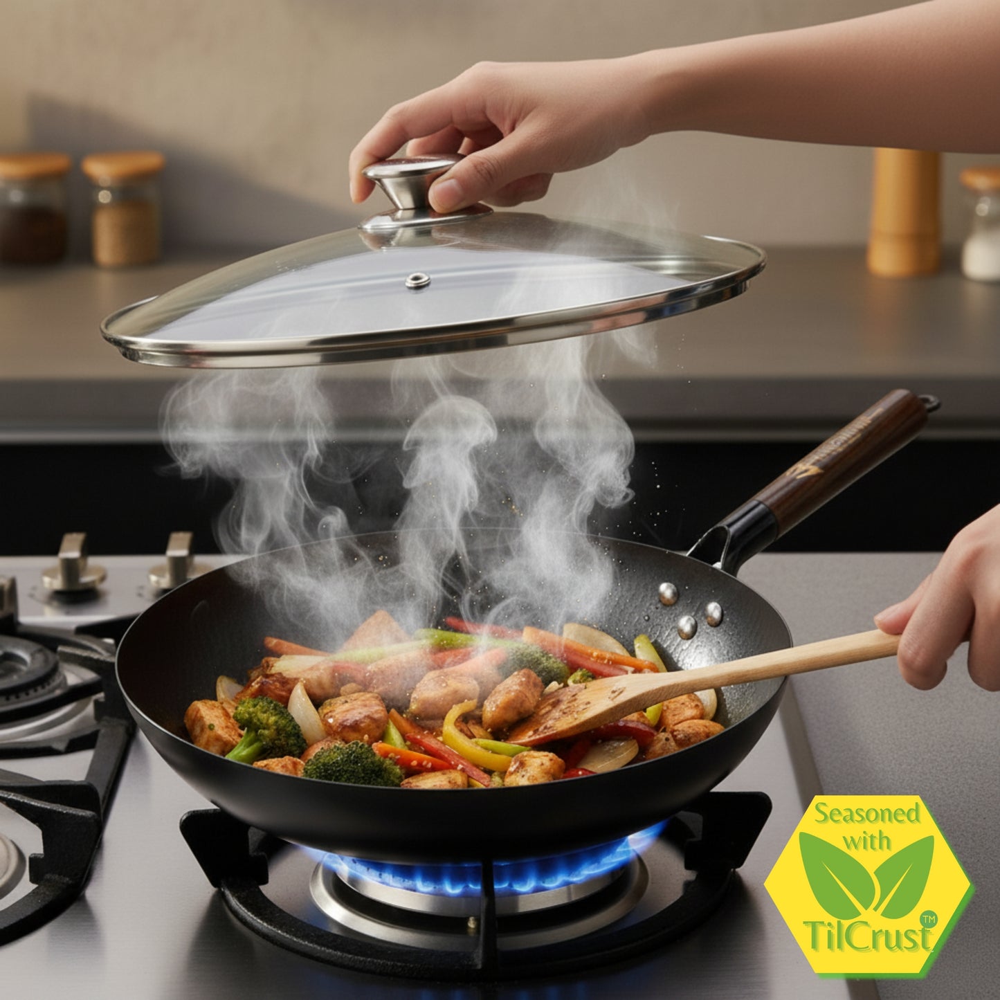 Trilonium Carbon Steel Chinese Wok 30 cms, Capacity: 4.75 Litres, With Toughened Glass Lid, Hammered finish and Pre-Seasoned, Weighs 1.2 Kgs