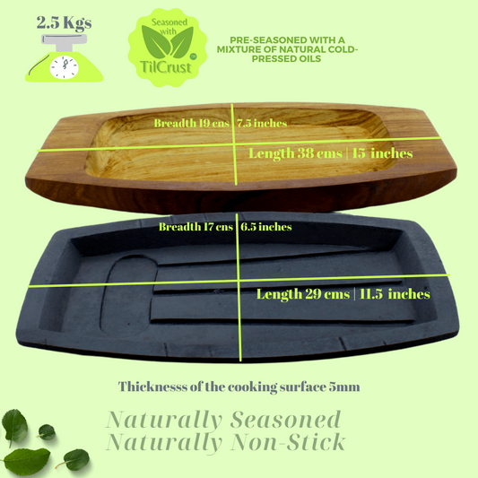 Cast Iron Continental Sizzler Platter Plate | Pre-Seasoned | 29cms X 17cms | Rectangular | With Wooden base