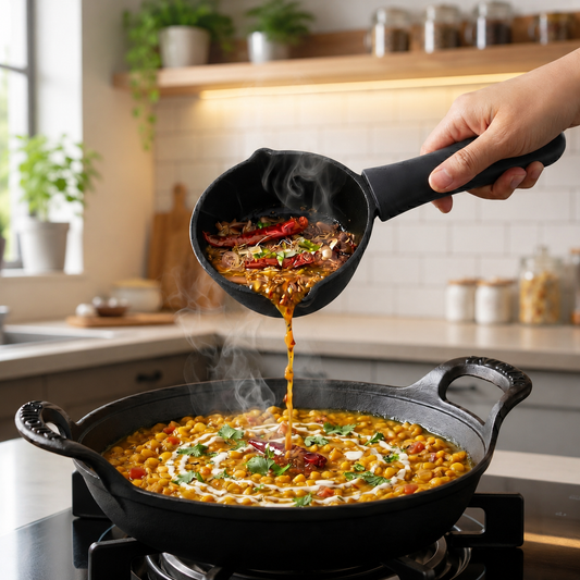 Trilonium Triple Seasoned Cast Iron Tadka Pan 11 cms with Hot handle silicone sleeve, weighs 0.8 kgs