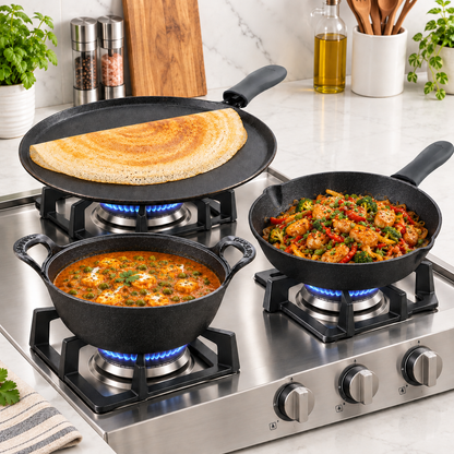 Trilonium cast iron combo set: Unicorn dosa tawa 29 cm, CrockWok kadhai 24 cm and Classic skillet 10 inch