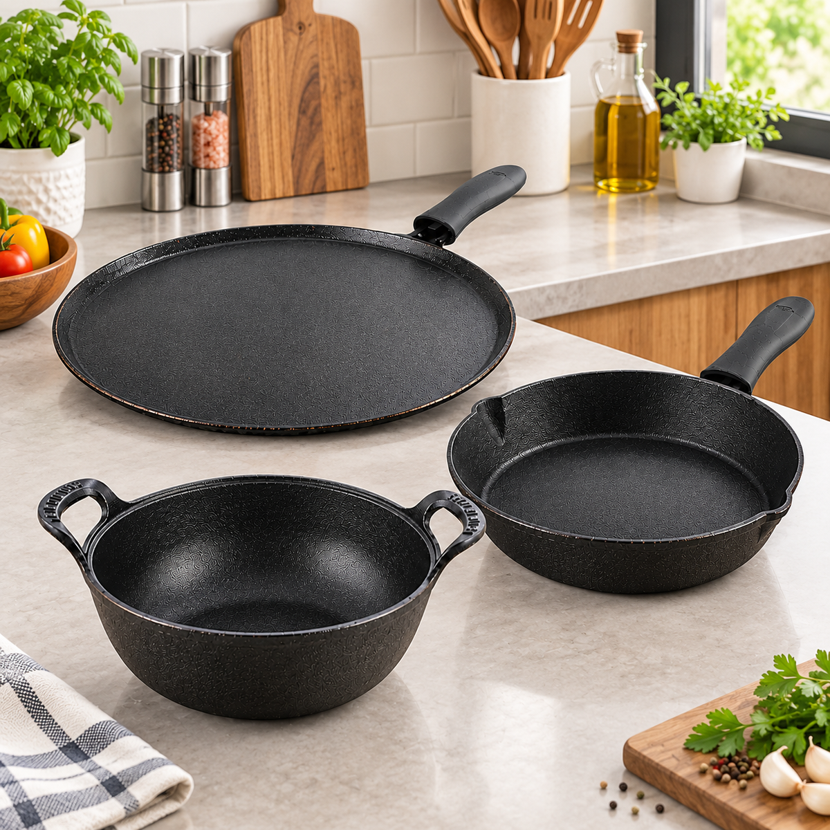 Trilonium Unicorn tawa, CrockWok kadhai and Classic skillet cast iron combo – view 5