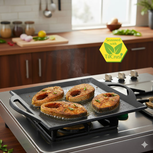 Trilonium Triple Seasoned Iron Fish fry Griddle Tawa 26 x 26 cms , Ultra Smooth, Weighs 3.4 Kgs