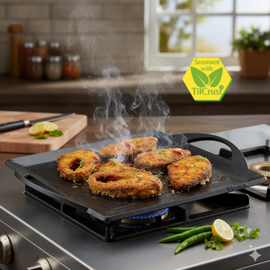 Trilonium Triple Seasoned Iron Fish fry Griddle Tawa 30 x 30 cms , Ultra Smooth, 4.3 Kgs