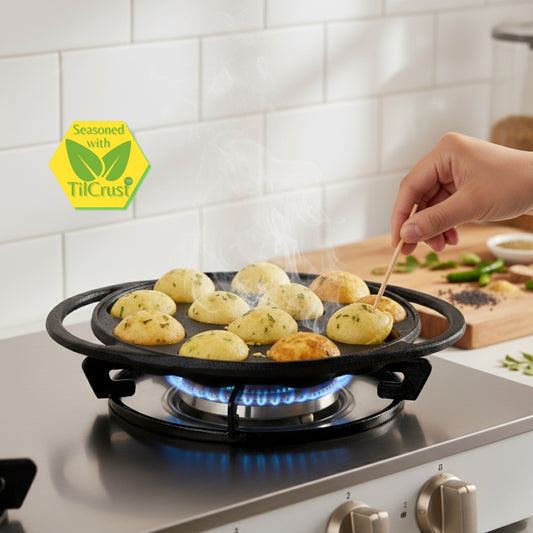 Trilonium Triple Seasoned Cast Iron Paddu tawa | Paniyarakkal | Paniyaram Pan 12 Pits | 2 Kgs