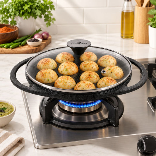 Trilonium Triple Seasoned Cast Iron Paddu | Paniyarakkal | Paniyaram Pan 12 Pits with Lid | 2 Kgs