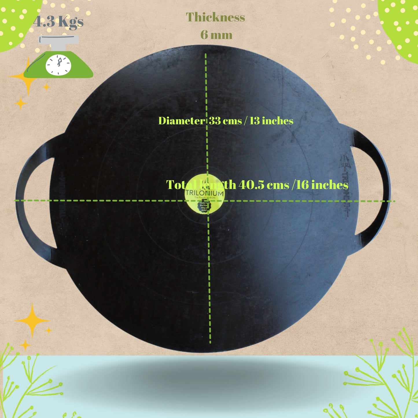 Trilonium Triple Seasoned Iron Boulder Flat Griddle Tawa, round 13 inches | 33 cms