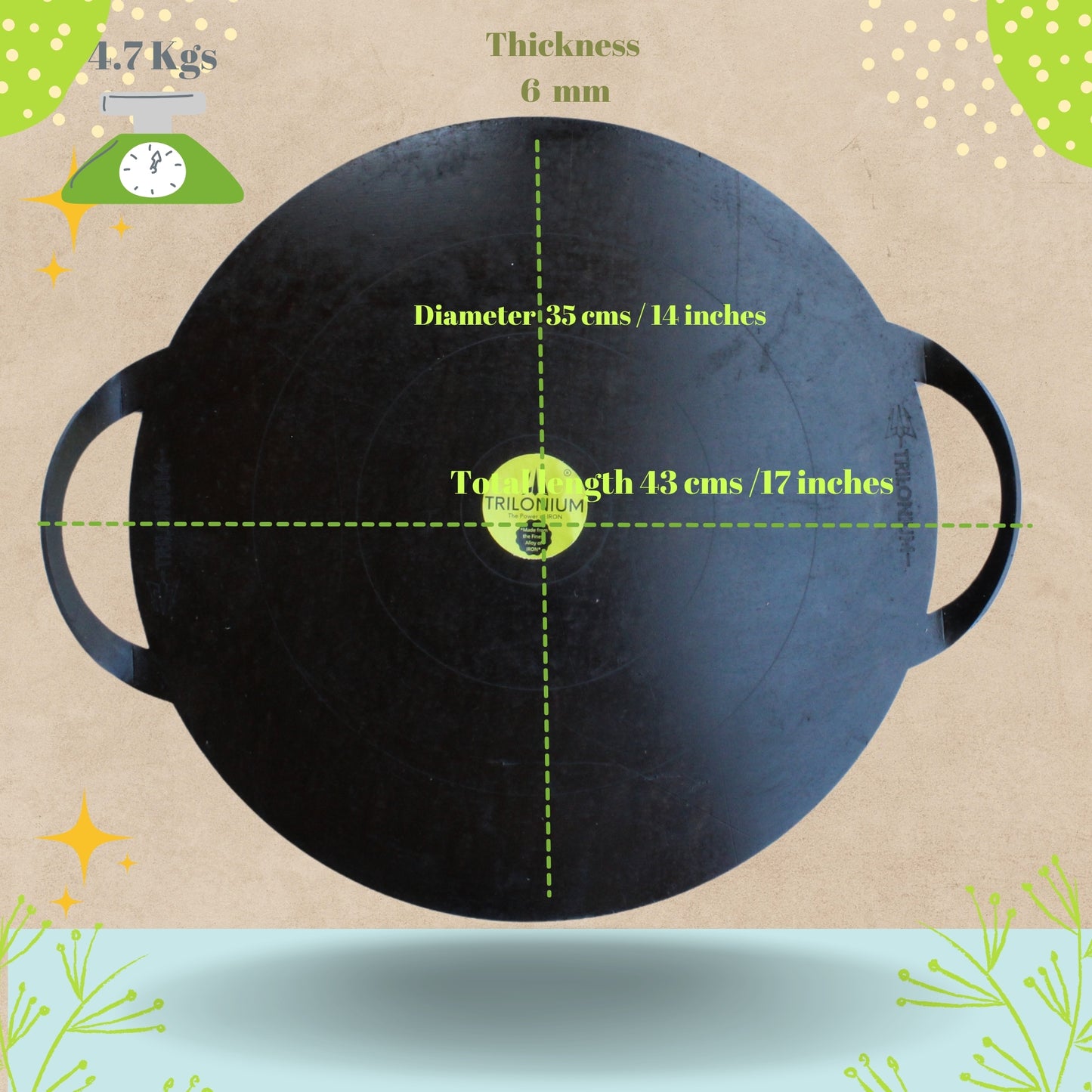 Trilonium Triple Seasoned Iron Boulder Flat Griddle Tawa, round 14 inches | 35 cms