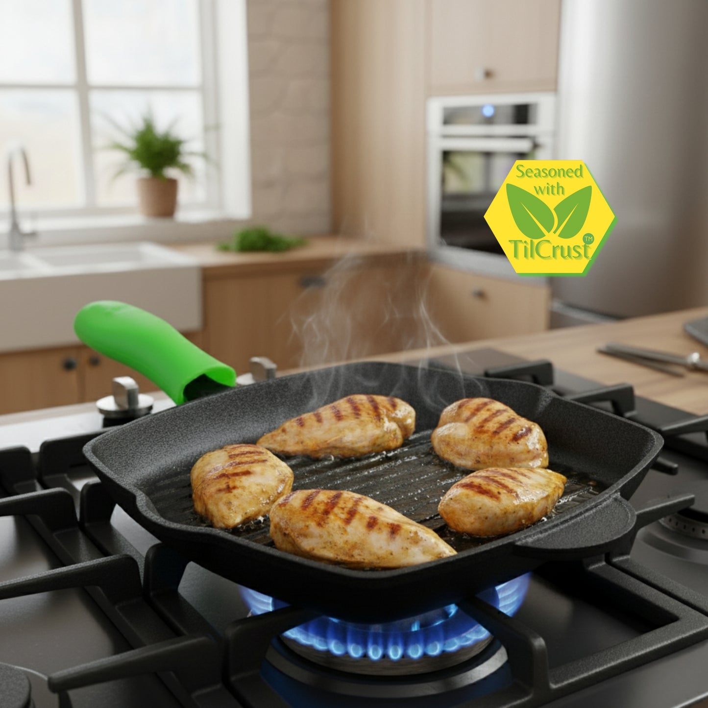 Trilonium Pre-Seasoned Cast Iron Grill Pan 26 cm, Weighs 2.4 Kgs