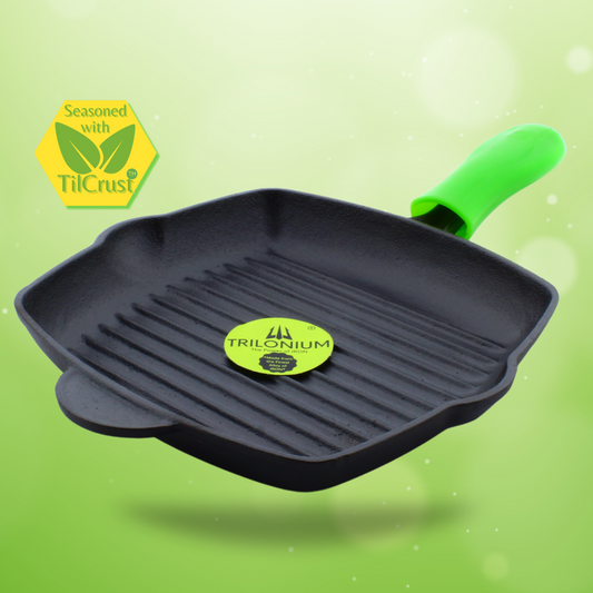 Trilonium Cast Iron Grill Pan 26 cm | Pre-Seasoned with TilCrust™ | Weighs 2.4 Kgs | Induction Compatible