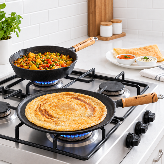 Trilonium Wooden-Handle Cast Iron Skillet & Dosa Tawa Combo 2628