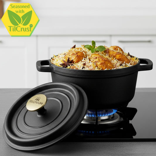 Trilonium Pre-Seasoned Cast Iron Dutch Oven Pot, Casserole, Biryani Pot, Cooking Pot, 28cm