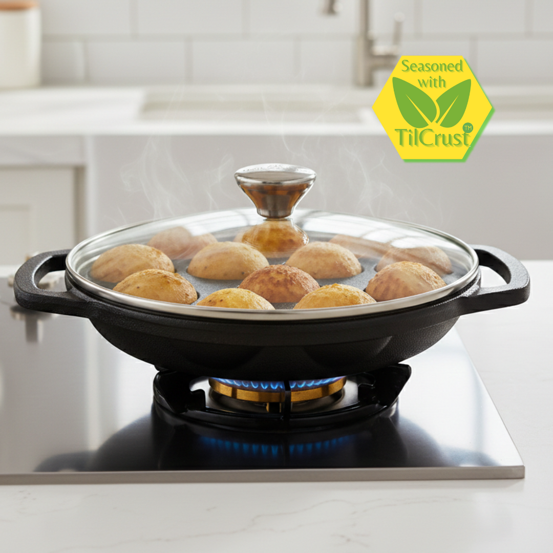 Trilonium Triple Seasoned Cast Iron 12 Pits Paniyaram Pan 8 inches with Glass lid