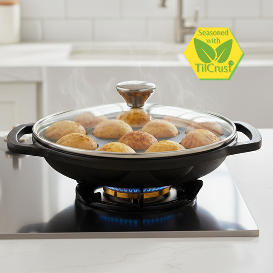 Trilonium Triple Seasoned Cast Iron 12 Pits Paniyaram Pan 8 inches with Glass lid