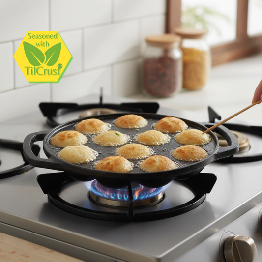 Trilonium Triple Seasoned Cast Iron 12 Pits Paniyaram Pan 8 inches