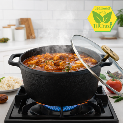 Trilonium Pre-Seasoned Cast Iron Dutch Pot, Casserole, Biryani Pot, Cooking Pot with Glass lid, 24cm, 3.5 Litres, 3.7 Kgs
