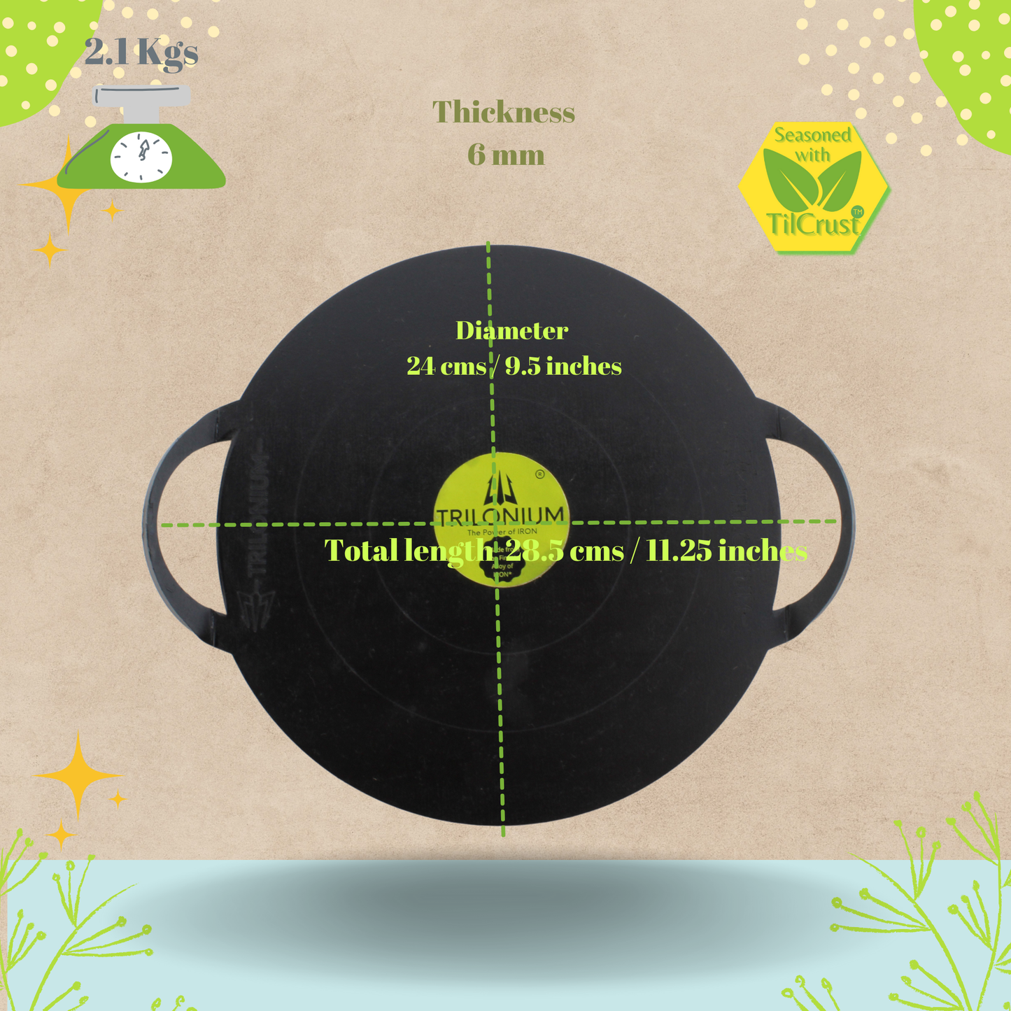 Trilonium Triple-Seasoned Iron Boulder Mini oothapam Dosa Tawa 24 cms, 2.1 Kgs