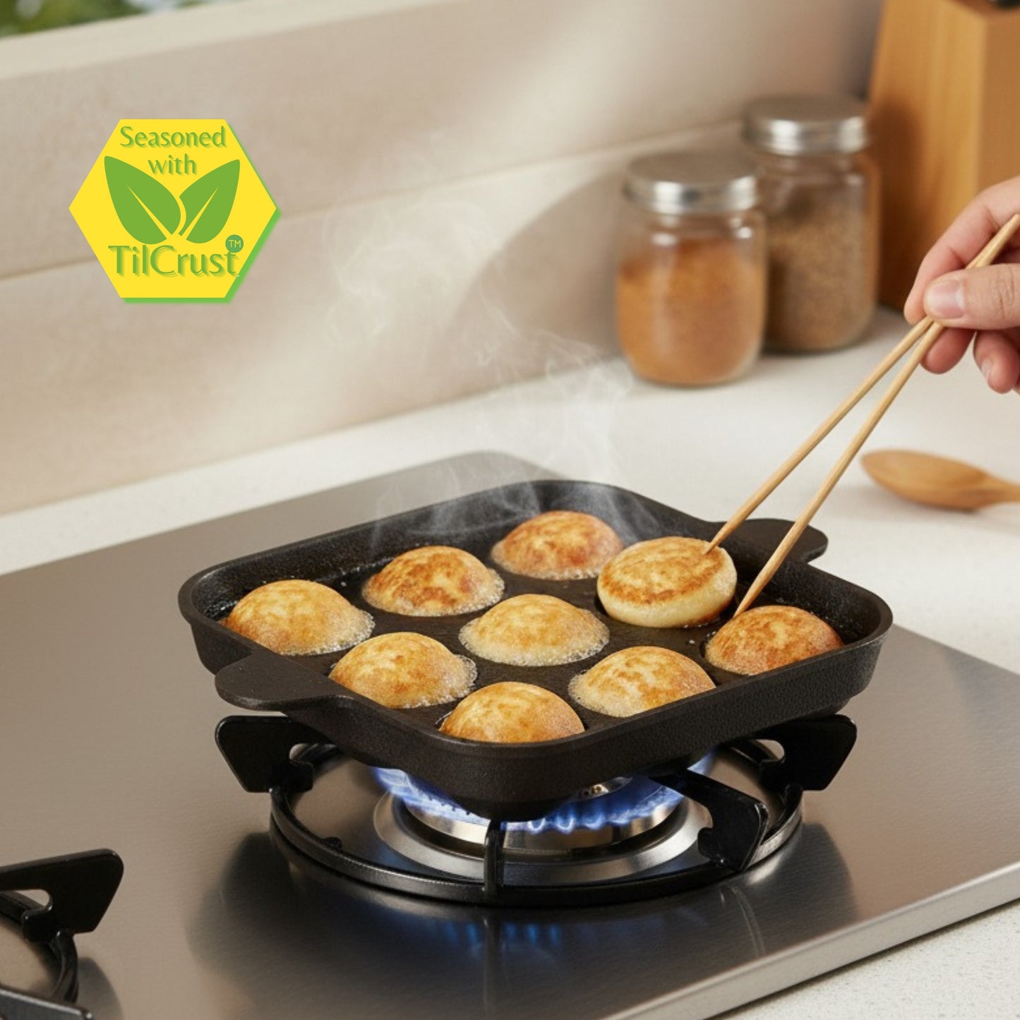 Cast Iron Paniyarakkal 9 Pits | Paniyaram Pan | Pre-Seasoned | 18cm | 1.36 Kgs | Square