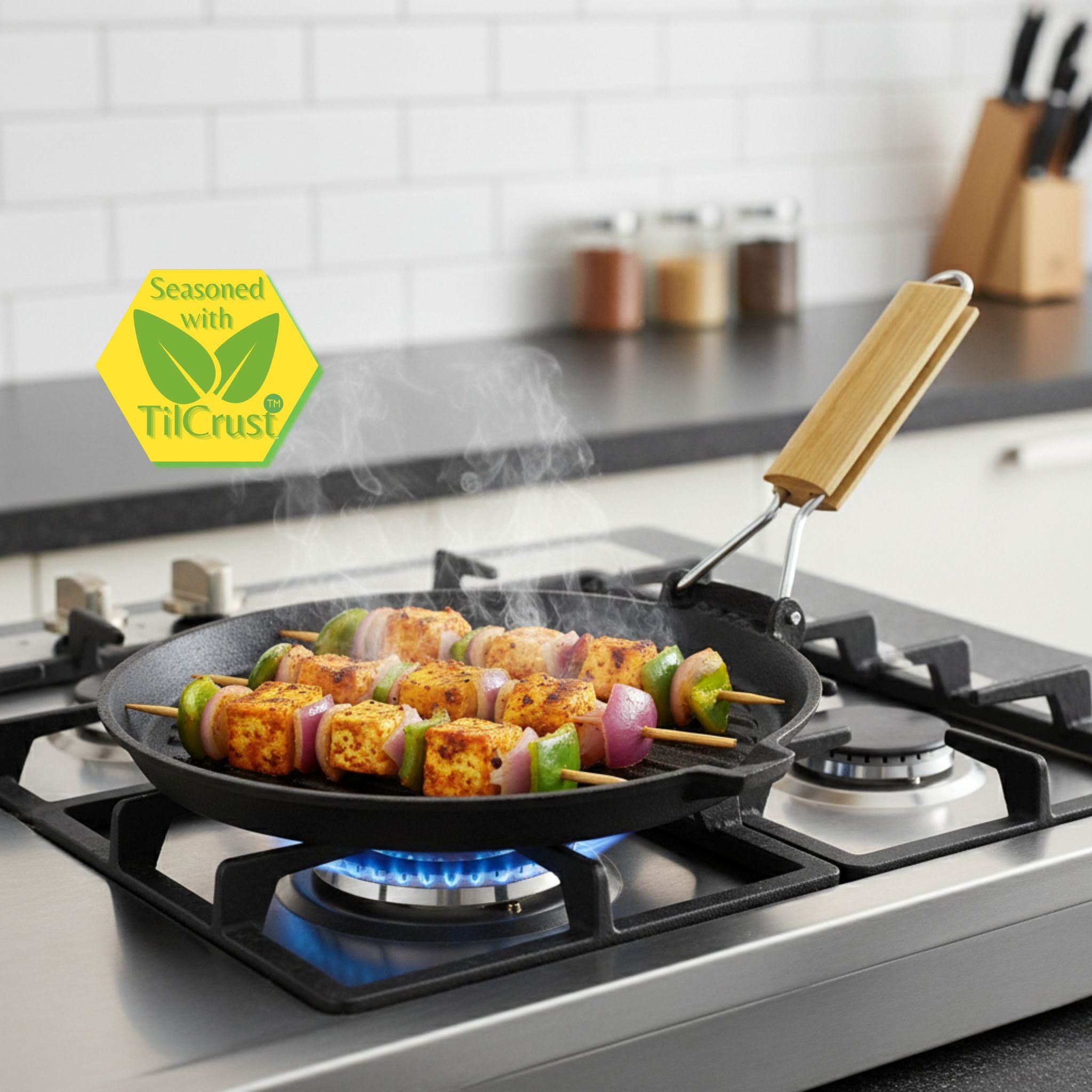 Cast Iron round Grill Pan with Foldable Handle | Pre-Seasoned | 24cm | 1.63 Kgs | Induction Compatible