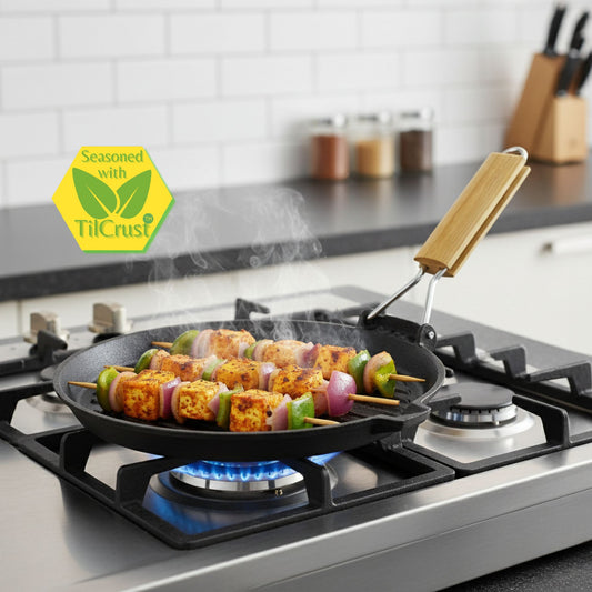 Cast Iron round Grill Pan with Foldable Handle | Pre-Seasoned | 24cm | 1.63 Kgs | Induction Compatible