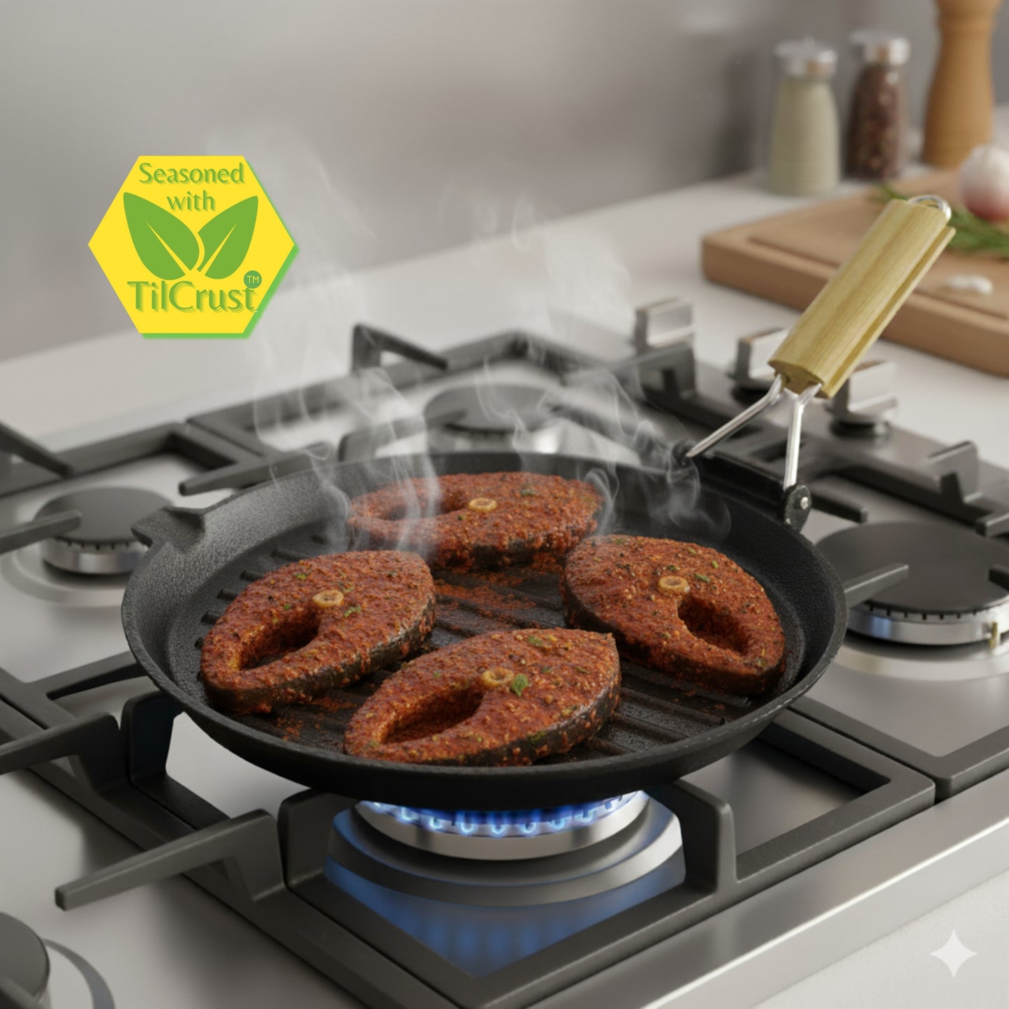 Cast Iron round Grill Pan with Foldable Handle | Pre-Seasoned | 24cm | 1.63 Kgs | Induction Compatible