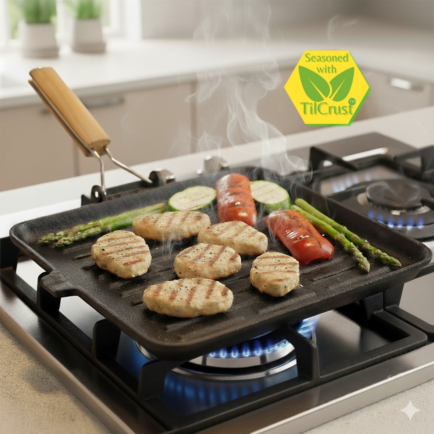 Trilonium Pre-Seasoned Cast Iron Square Grill Pan with Foldable Handle, 24cm, 1.6 Kgs