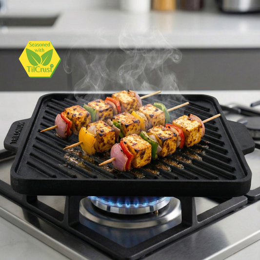 Trilonium Triple-Seasoned Cast Iron Square Reversible Grill Griddle Tawa 10.5 inches