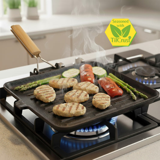 Trilonium Pre-Seasoned Cast Iron Square Grill Pan with Foldable Handle, 24cm, 1.6 Kgs