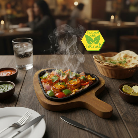 Trilonium Pre-Seasoned Cast Iron Sizzler Plate With Wooden Base | Triangle | 1.54 Kgs