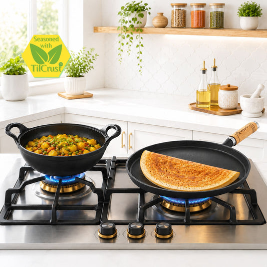 Trilonium cast iron dosa tawa 26.5 cm and CrockWok kadhai 20 cm combo set